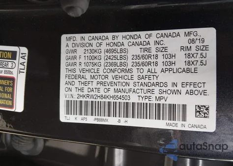 2019 Honda Cr-V Ex-L из США, поврежденный, VIN 2HKRW2H84KH654503